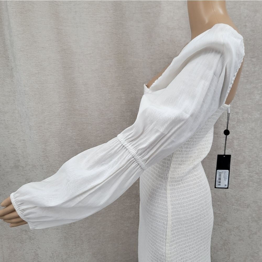 Gianni Bini Tally Smocked Linen Blend White Puff Long Sleeve Dress Large NEW - Picture 9 of 16